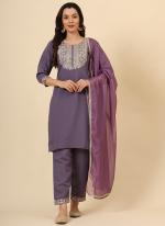 Silk Blend Purple Casual Wear Embroidery Work Readymade Straight Suit